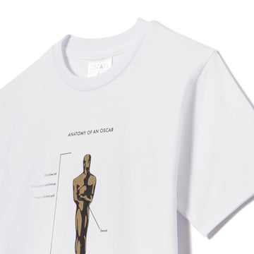 White t-shirt with graphic design of an Oscar statuette and text on a white background close up image of a youth tee shirt